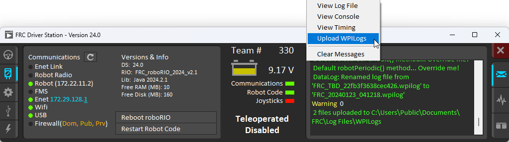 Selecting Upload WPILogs in the Driver Station