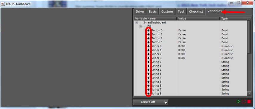 Highlights black diamonds next to the variables indicating they are not synced to the robot.