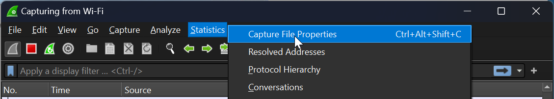 In the menu bar at the top choosing "Statistics" then "Capture File Properties"