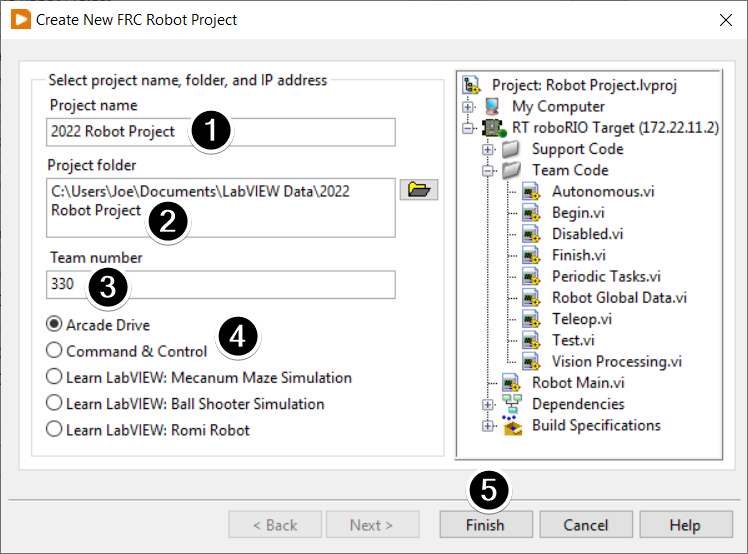 The different sections of the dialog for configuring a new LabVIEW project.