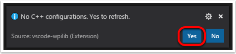 Choosing "Yes" when asked to refresh C++ configurations.