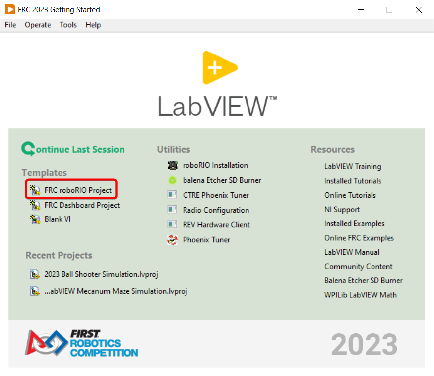 Creating a new roboRIO project from the LabVIEW home screen.