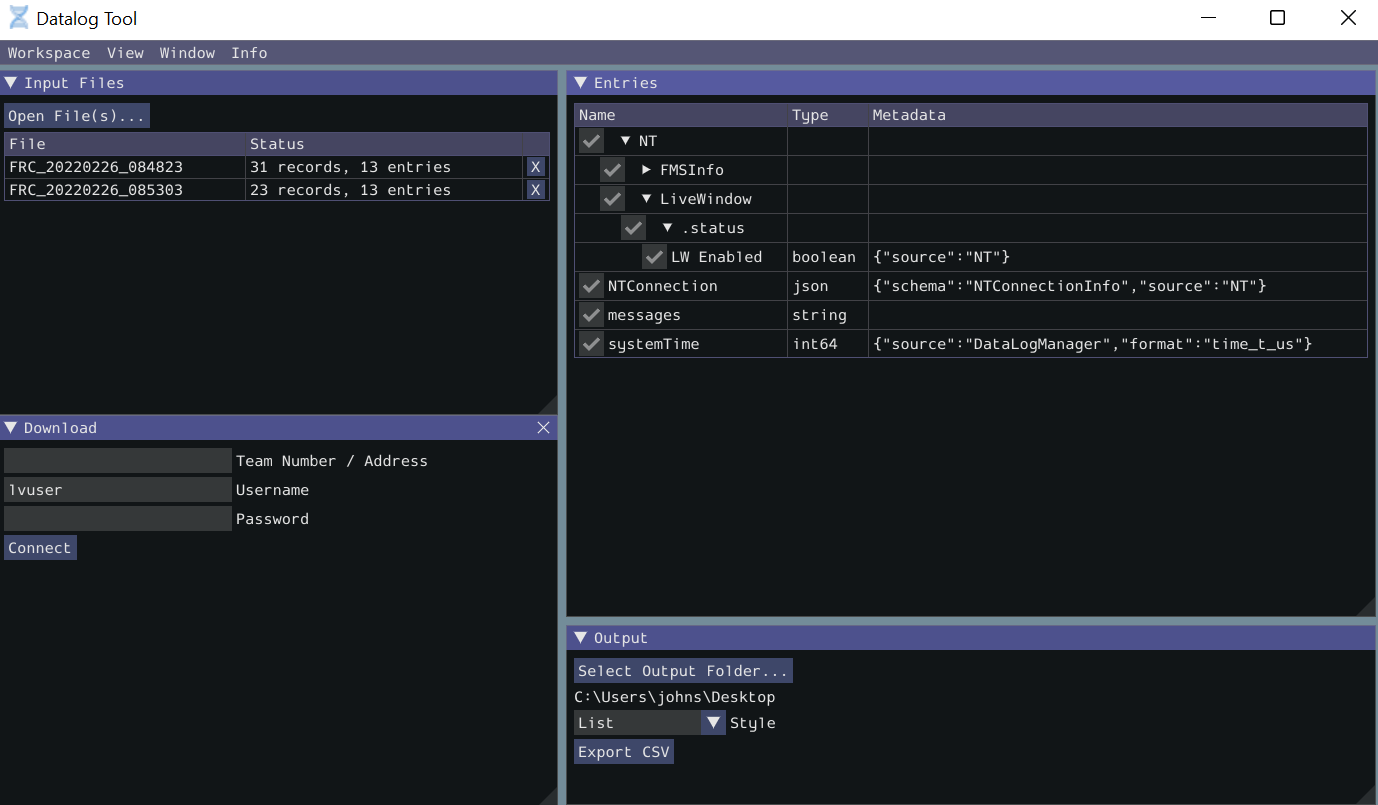 DataLogTool window showing two open files, a tree view of entries with corresponding checkboxes and information about each entry, and an output window with export style option.