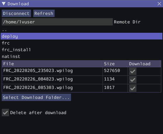 Remote file browser showing remote directory, list of directories, and list of files with checkboxes next to each one.