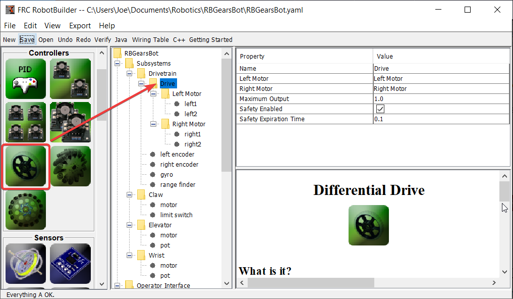 Dragging differential drive from palette to tree