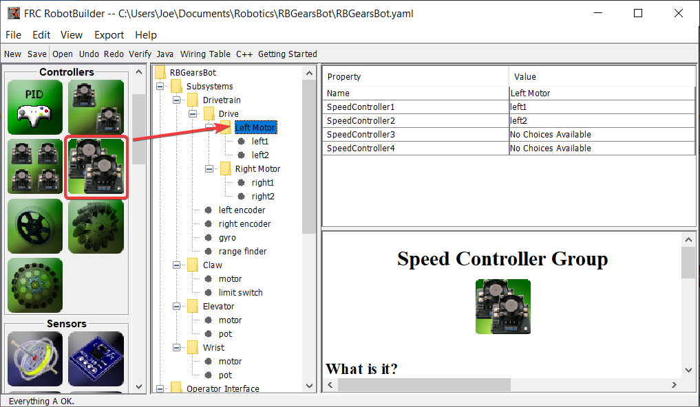 Dragging motor controller group from palette to tree