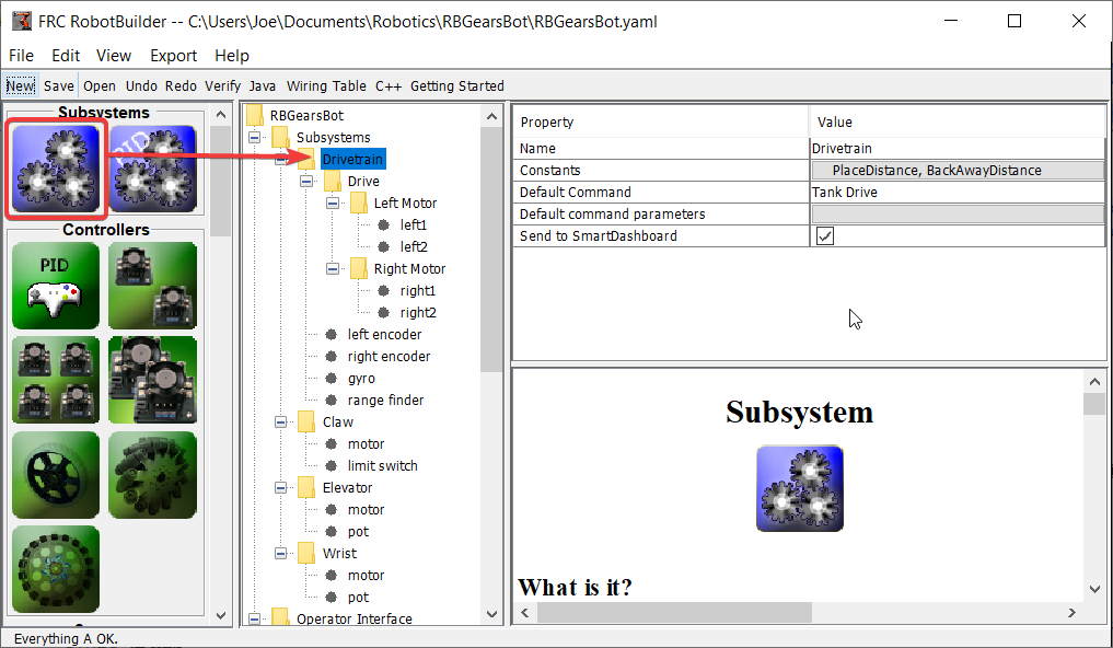 Dragging subsystem from palette to tree