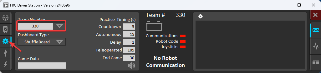 Using the 3rd tab with the gear of the Driver Station to set the team number.