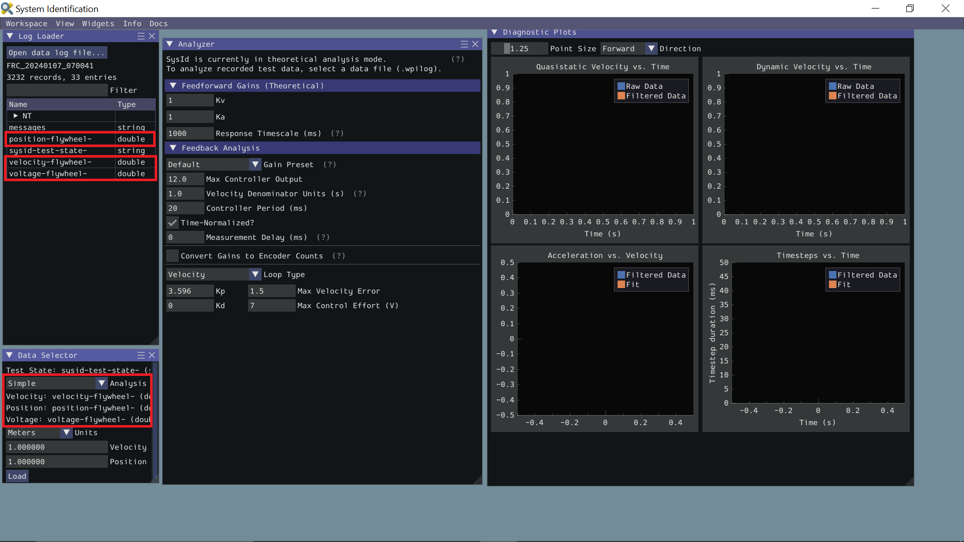 The Data Selector pane after the Position, Velocity, and Voltage entries have been selected