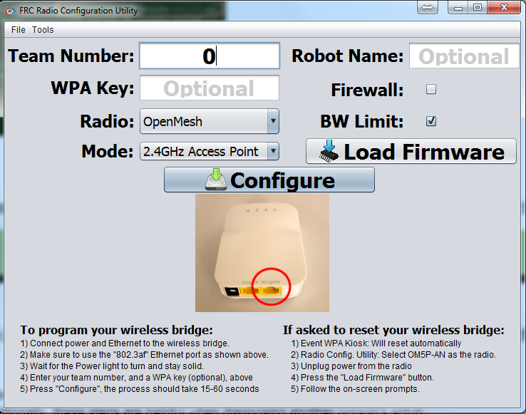 Initial screen of the FRC Radio Configuration Utility.