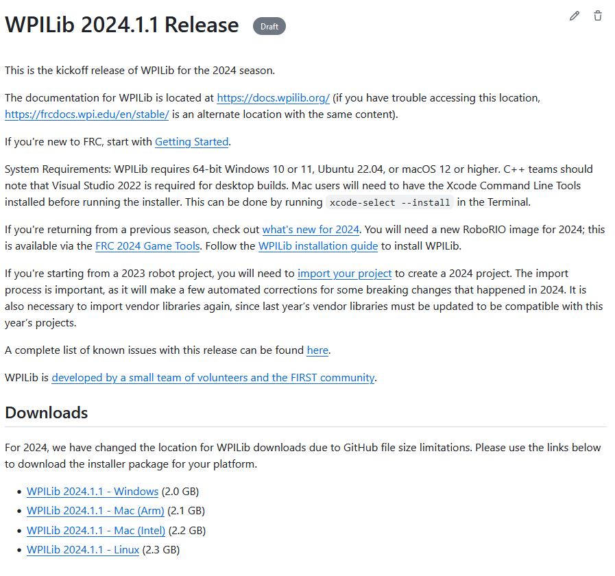 Latest WPILib release page on GitHub