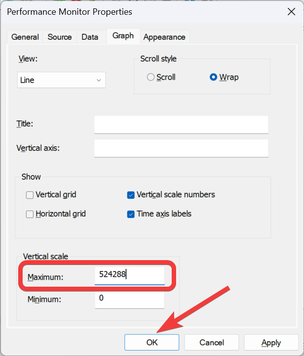 Moving to the Graph tab the Maximum field under Vertical Scale is highlighted.