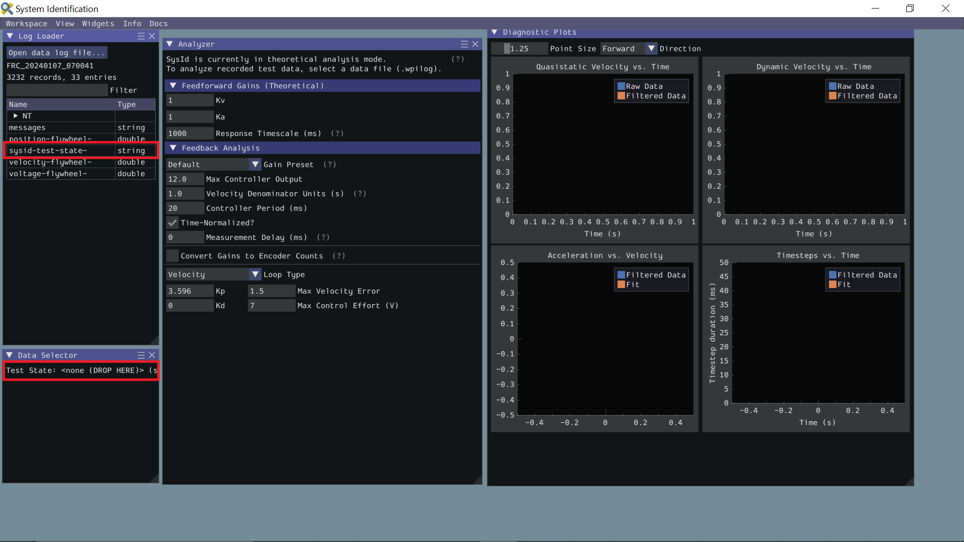 Log Loader and Data Selector panes showing the test state entry and where to move it