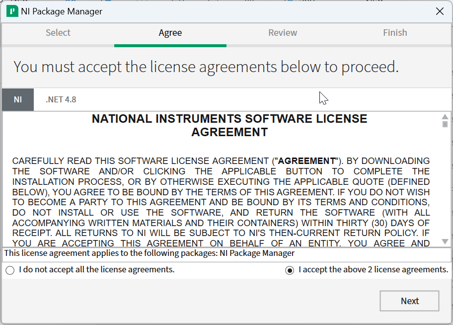 Accepting the License Agreement for NI Package Manager.