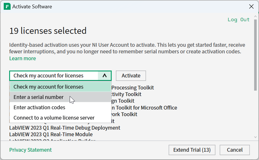 Screen so select how to activate LabVIEW.