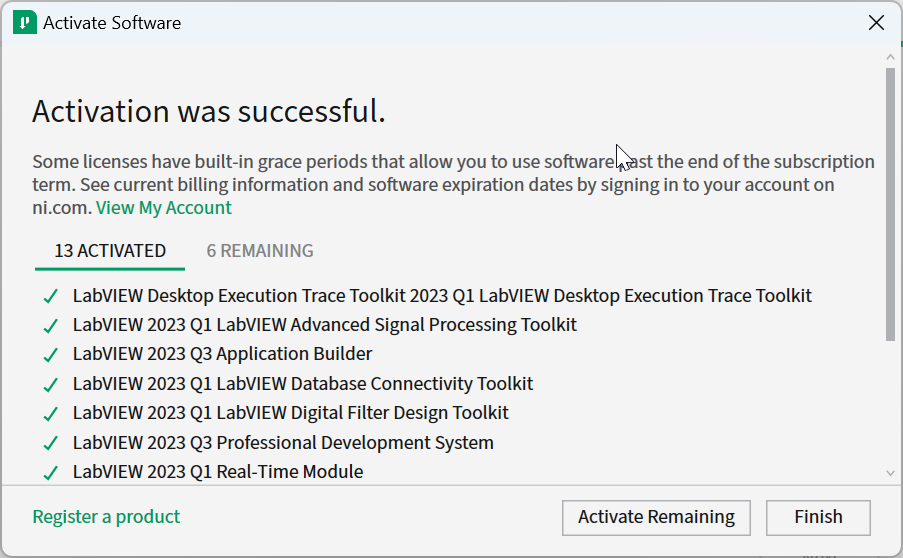 Screen details the activation success of each package.