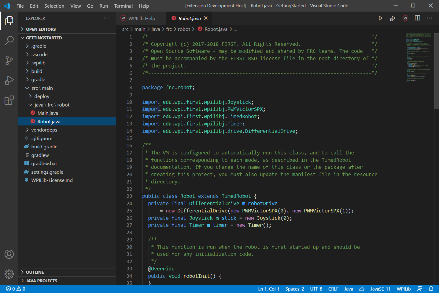 The robot.java code shown after opening a new project.