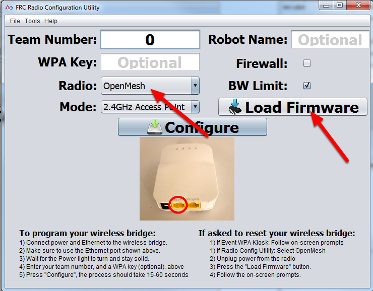 Highlighting the radio dropdown and the Load Firmware button on the main configuration utility screen.