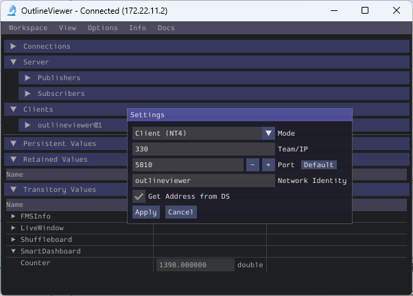 Using OutlineViewer to view the NetworkTables data used by the program.