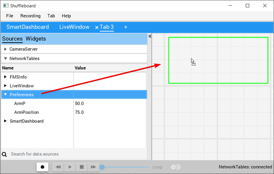 Adding preferences from the sources window in Shuffleboard