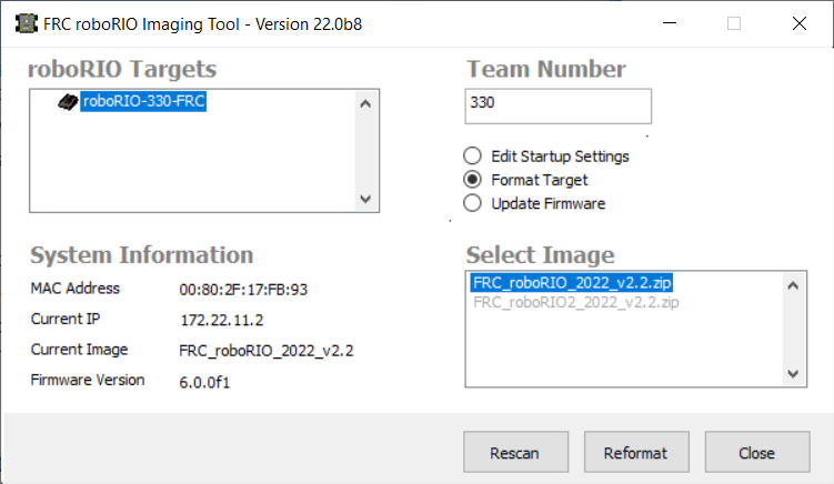 The roboRIO Imaging Tool main screen.