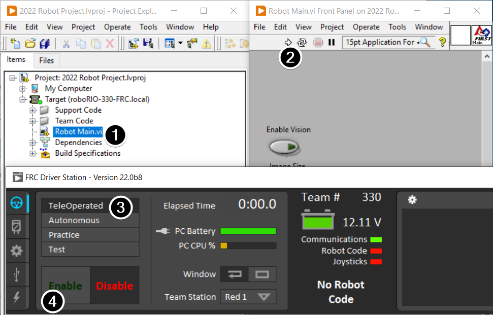 Robot Main in the project window with its corresponding front panel open.