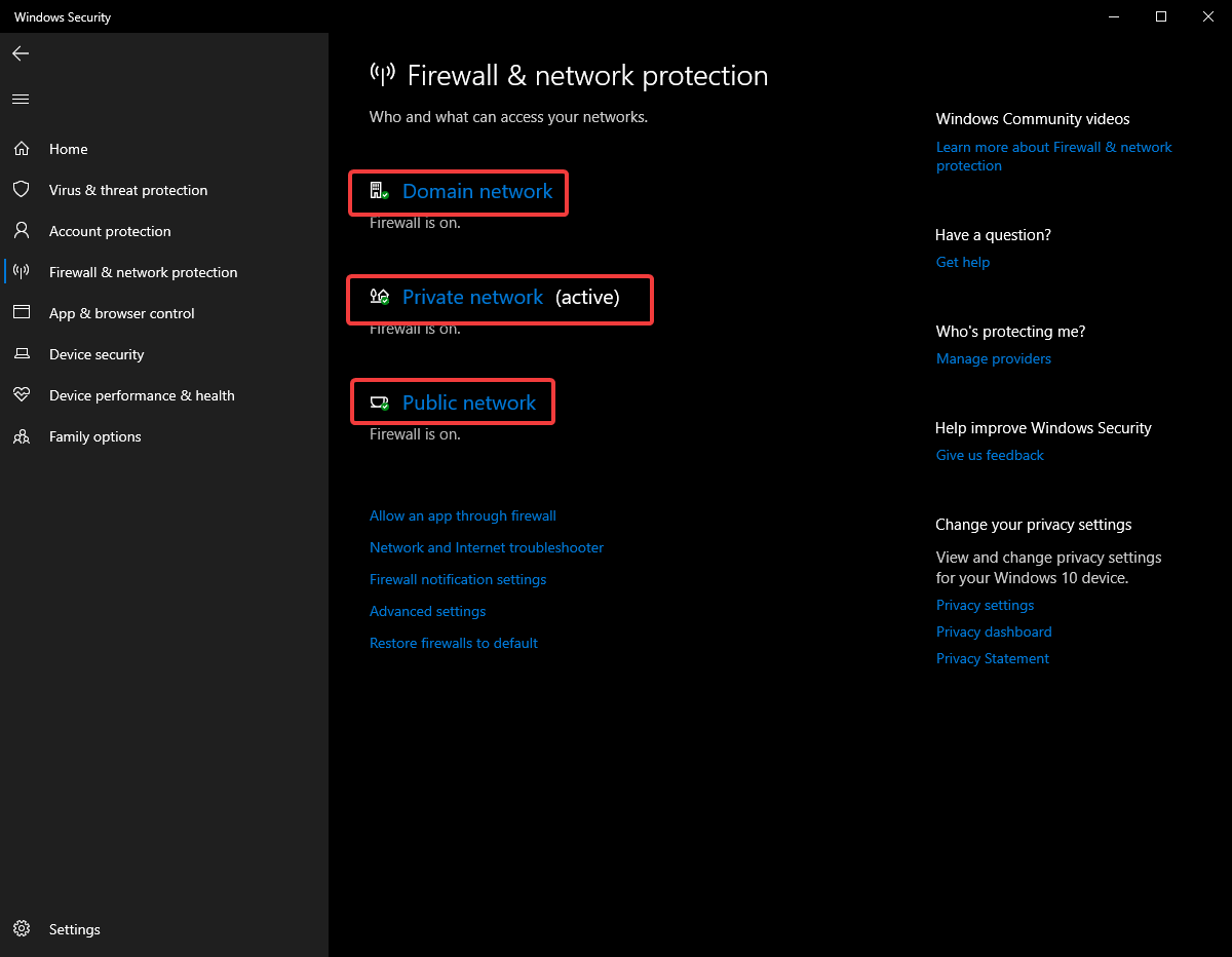 Click on the three highlighted options: Domain network, Private network, and Public Network.