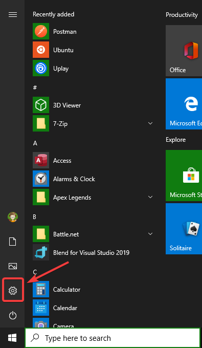 Setting gear icon under the start menu.