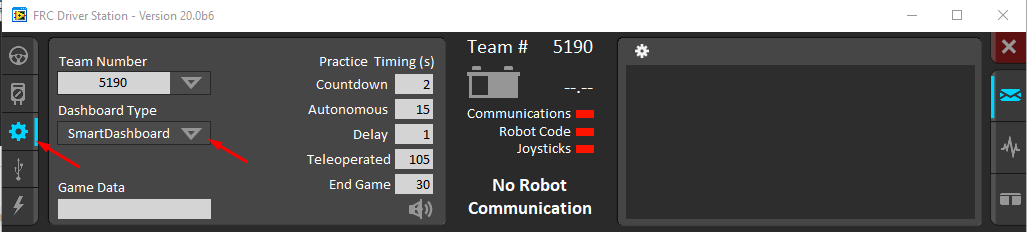 Using the 3rd tab of the Driver Station to select SmartDashboard from the Dashboard Type dropdown so that it will be launched.