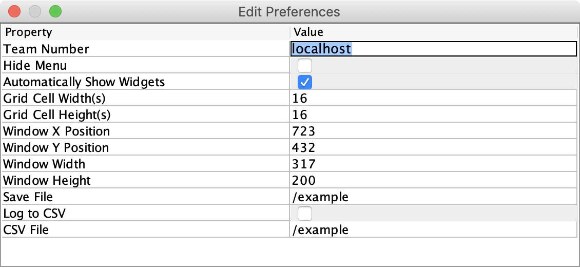 SmartDashboard team number set to localhost.