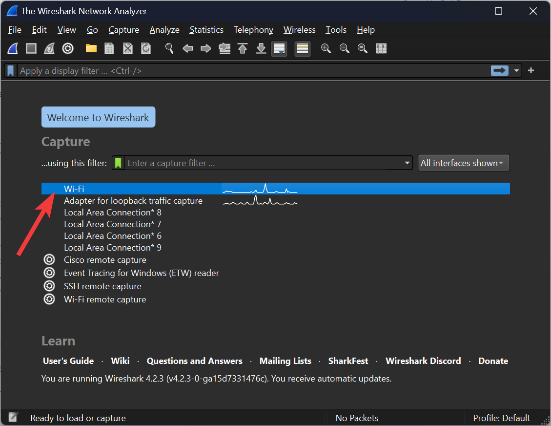 Selecting the Start button and choosing the NIC in Wireshark.