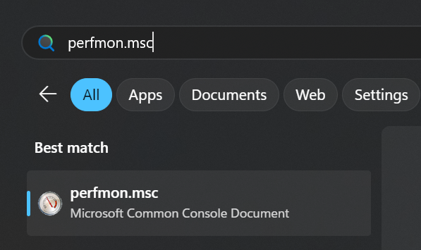 Using the start menu to type "perfmon.msc".