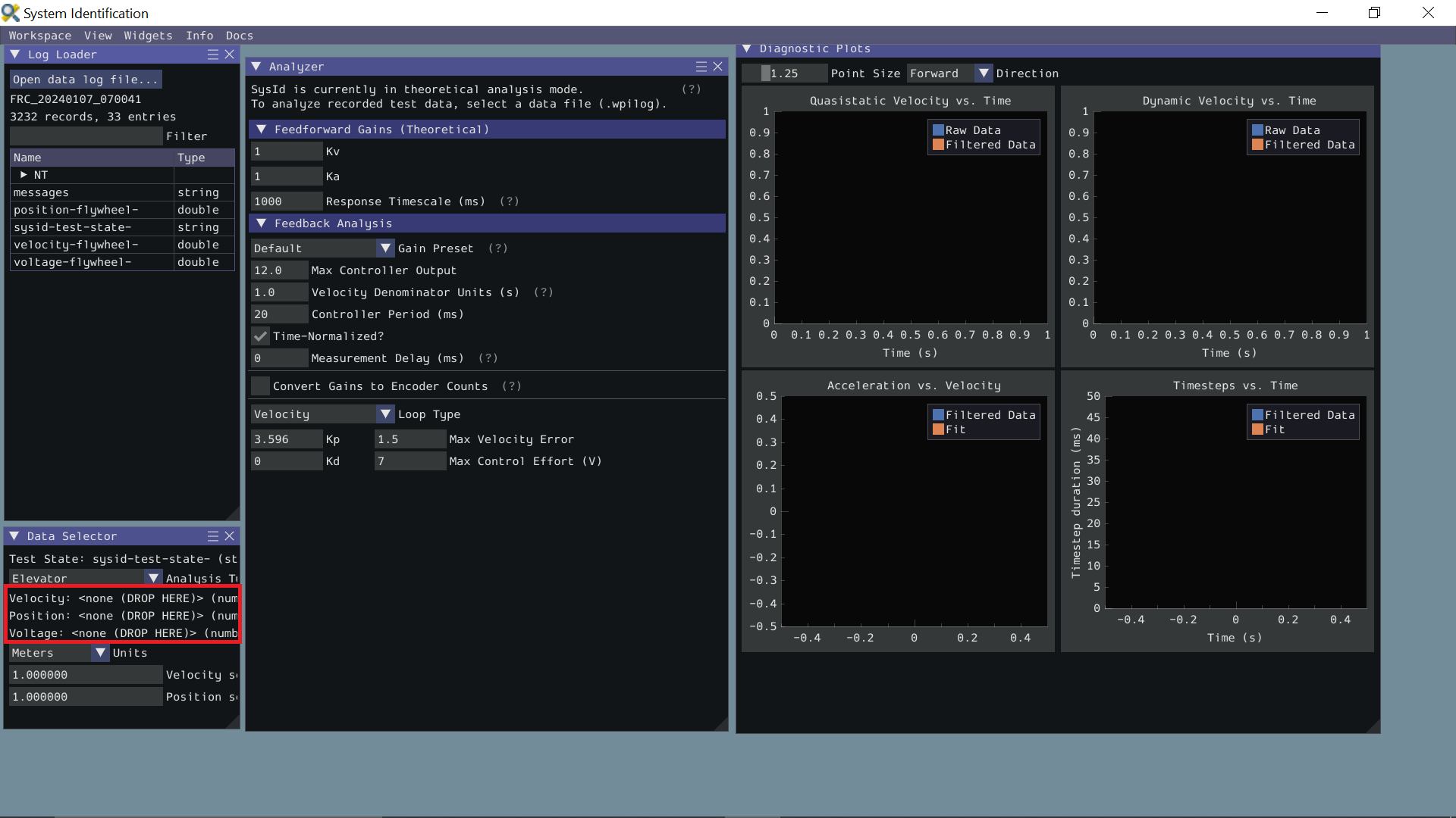 Data Selector pane showing the Position, Velocity, and Voltage slots