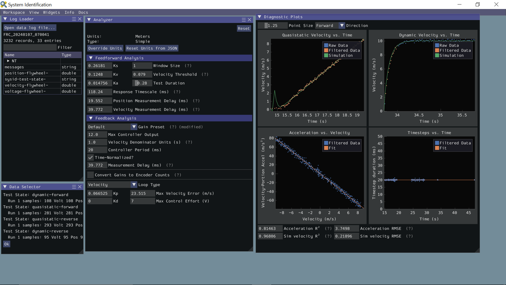 SysId UI showing diagnostics and analysis for a flywheel.