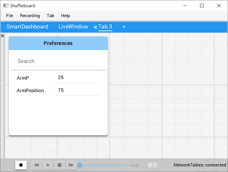 Editing the robot preferences via the Shuffleboard widget.