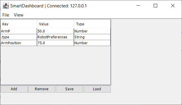 Editing the robot preferences via the SmartDashboard widget.