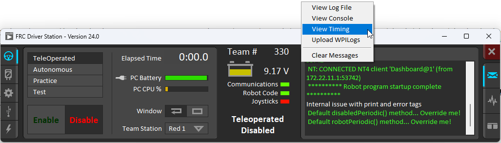 Driver Station gear menu with View Timing selected